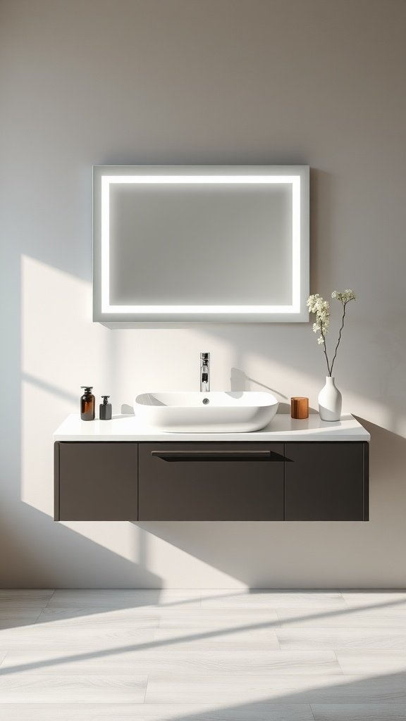 A stylish floating vanity with a modern sink and simple decor.