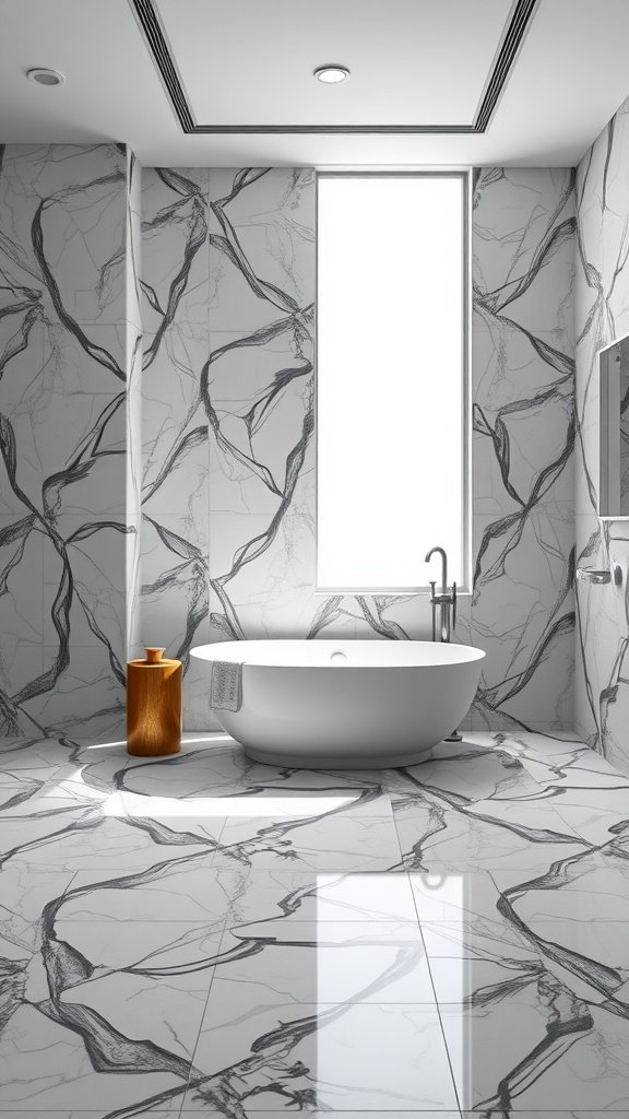 A modern bathroom with floor-to-ceiling marble-patterned tiles and a freestanding bathtub.