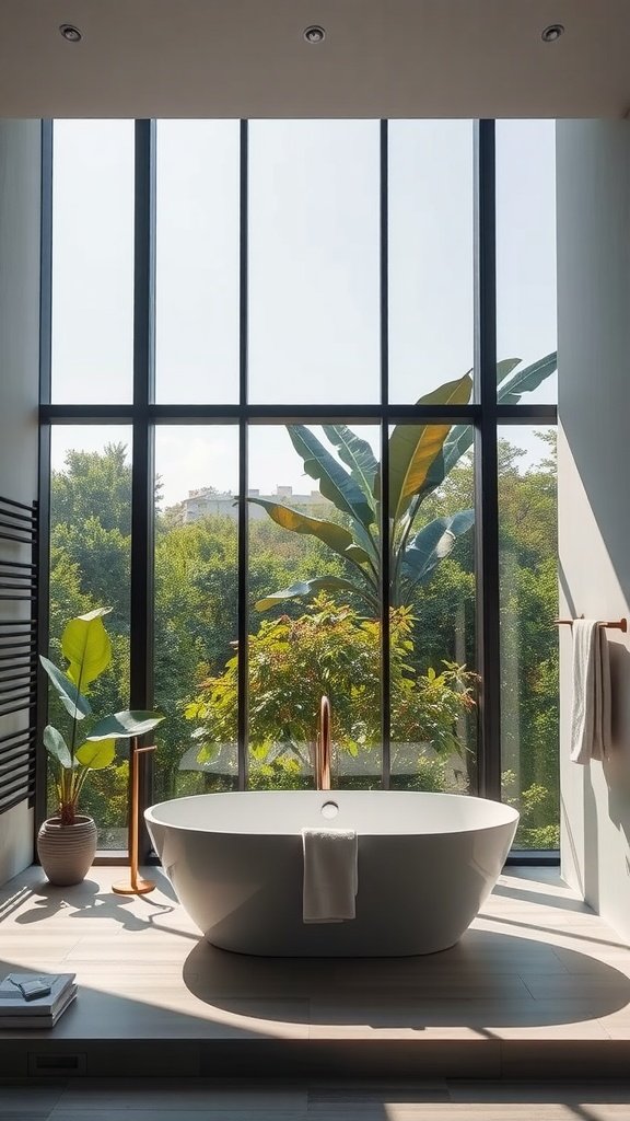 A modern bathroom with a freestanding bathtub and floor-to-ceiling windows overlooking lush greenery.