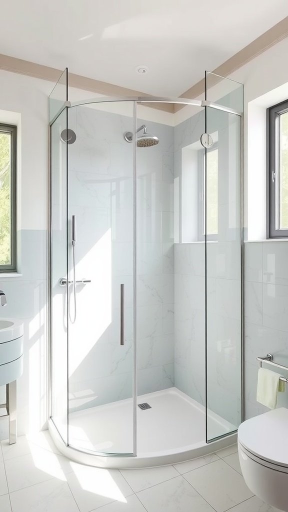 Frameless glass shower in a modern bathroom setting.