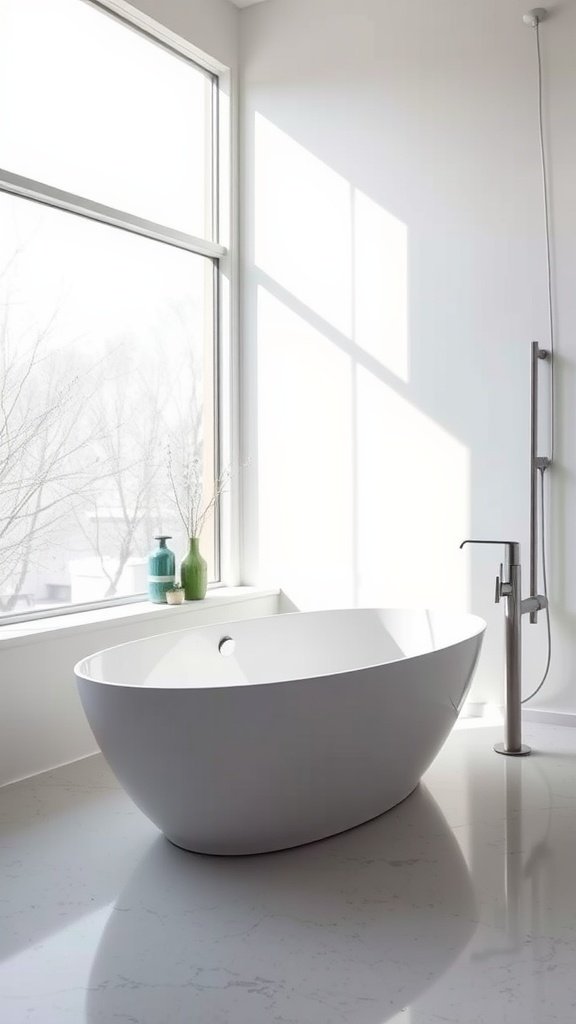 A modern freestanding bathtub with a minimalist design in a bright bathroom setting.