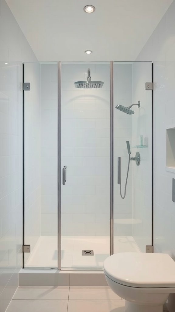 Modern bathroom with glass shower doors and a white tiled interior.