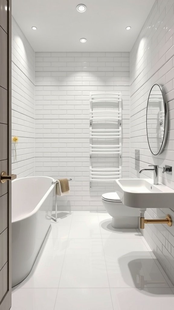 A modern bathroom featuring glossy white tiles, a freestanding tub, and sleek fixtures.