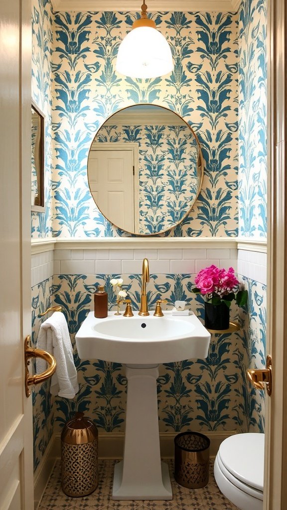 Chic half bathroom with bold patterned wallpaper, white sink, and golden fixtures.