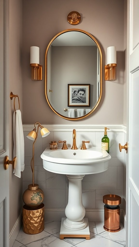A stylish half bathroom featuring gold and brass accents with a round mirror, elegant sink, and decorative elements.