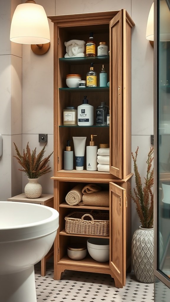 Tall wooden storage cabinet in a cozy bathroom setting.