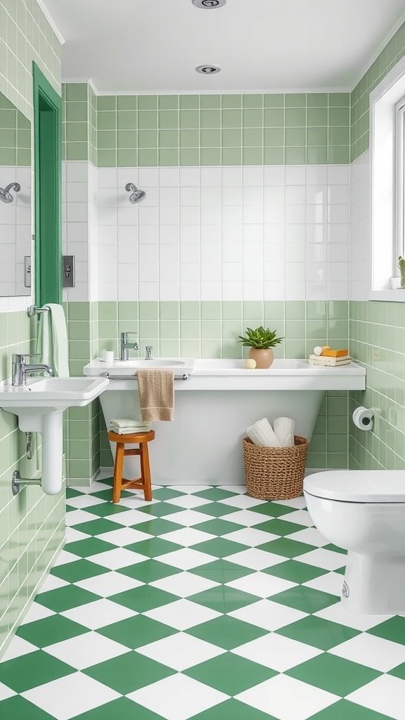 Bathroom featuring a green and white checkerboard floor with green tiles on the walls.