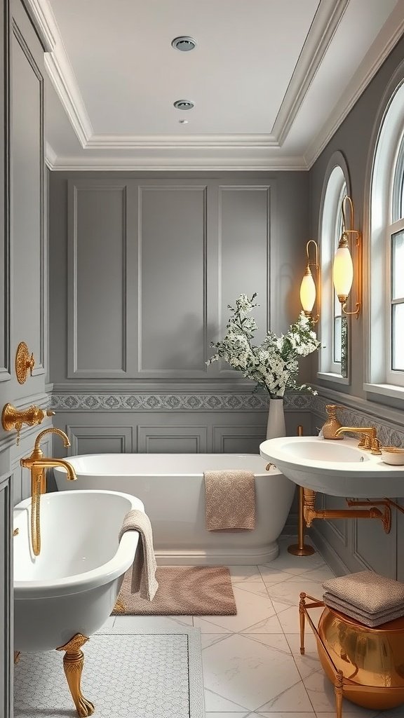 A luxurious bathroom featuring grey walls, gold fixtures, and elegant decor.