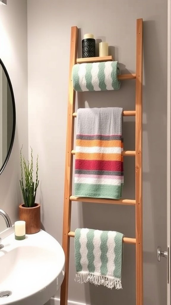 A wooden towel ladder holding neatly folded towels in a chic half bathroom