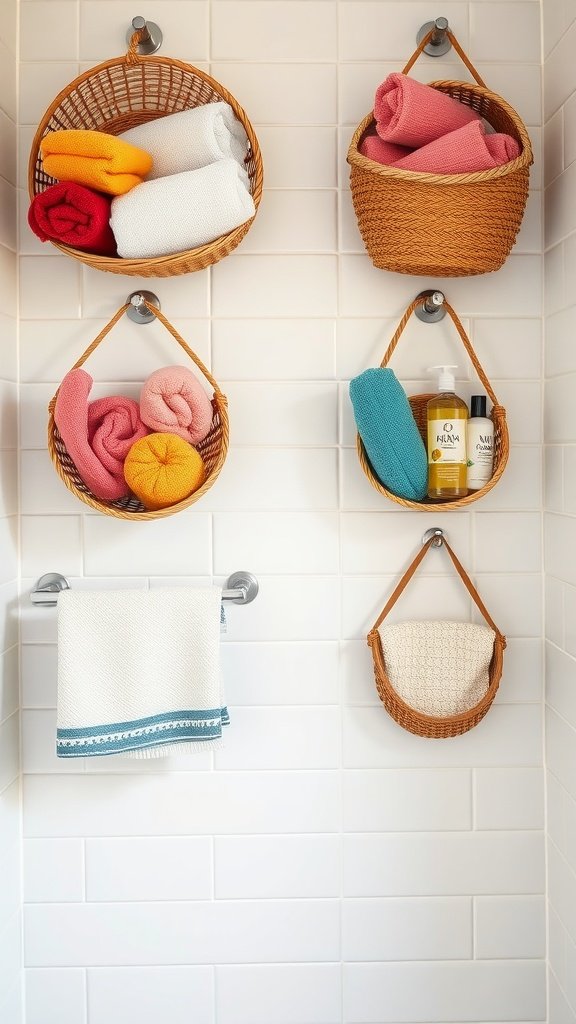 Hanging baskets on a bathroom wall with colorful towels and toiletries inside.