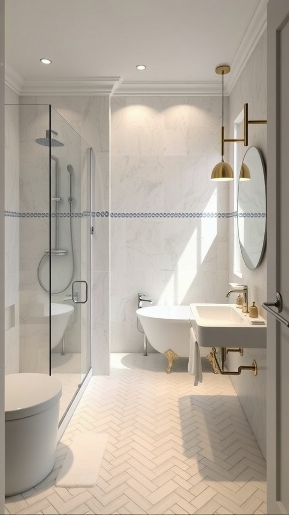 Luxurious bathroom featuring herringbone pattern tiles in rich tones.