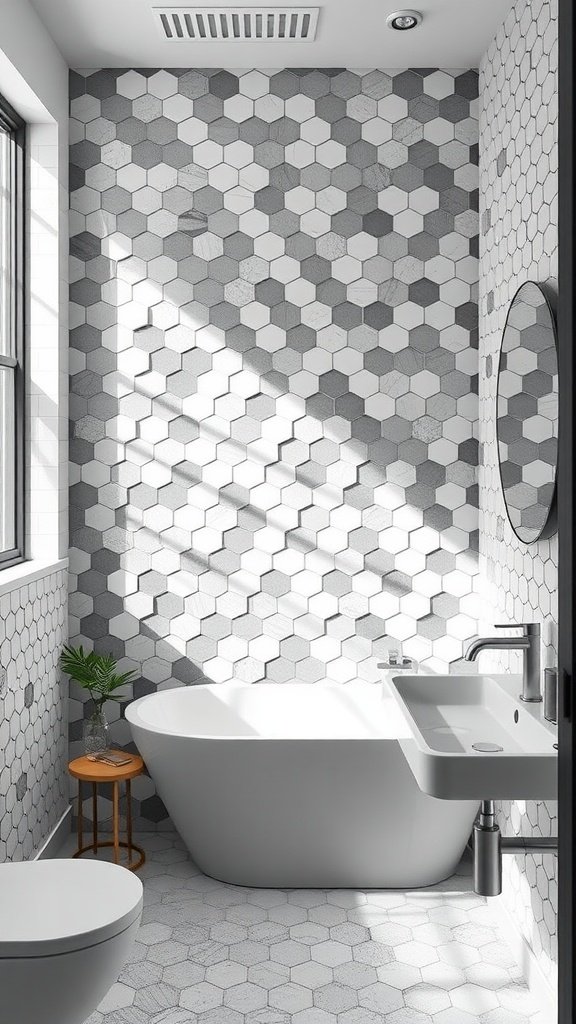 A modern bathroom featuring hexagon tiles in shades of gray and white.