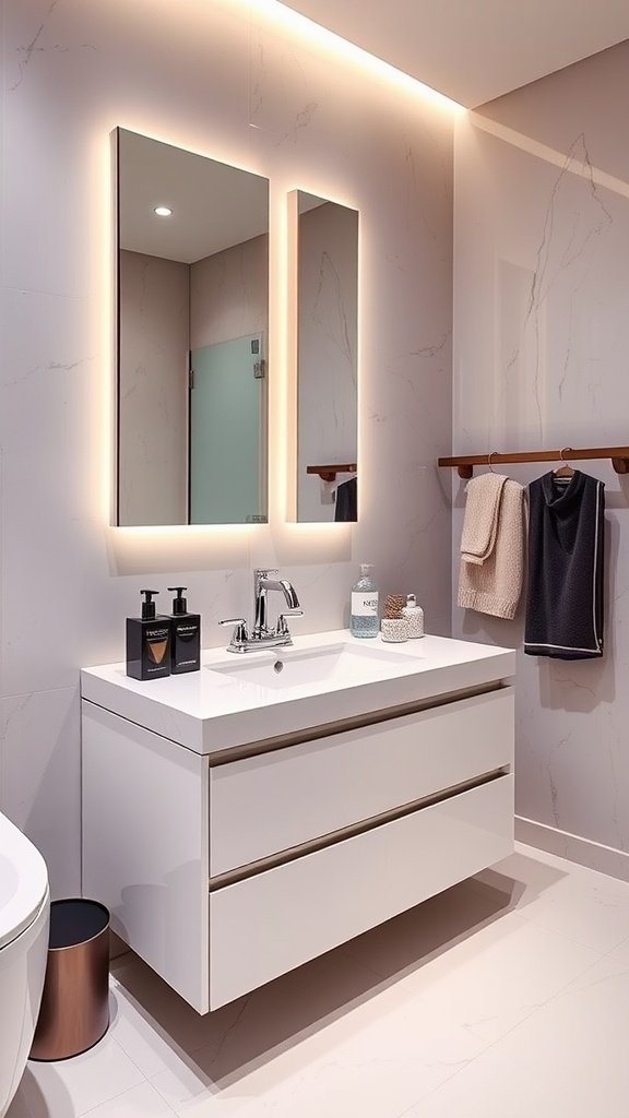A modern bathroom featuring a high-gloss vanity with a sleek design and soft lighting.