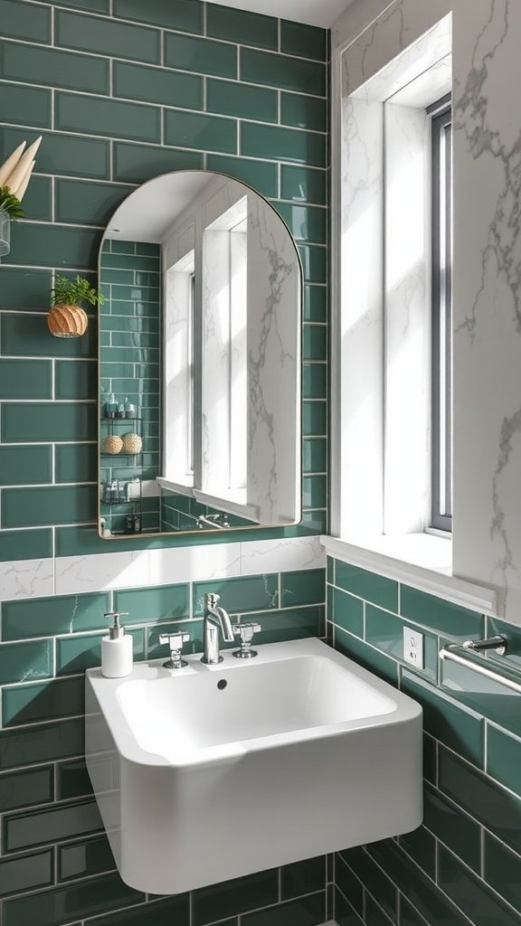 A stylish bathroom featuring hunter green tiles, marble accents, and a round mirror.