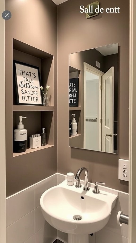 Chic half bathroom with a recessed shelf, modern sink, and decorative elements.