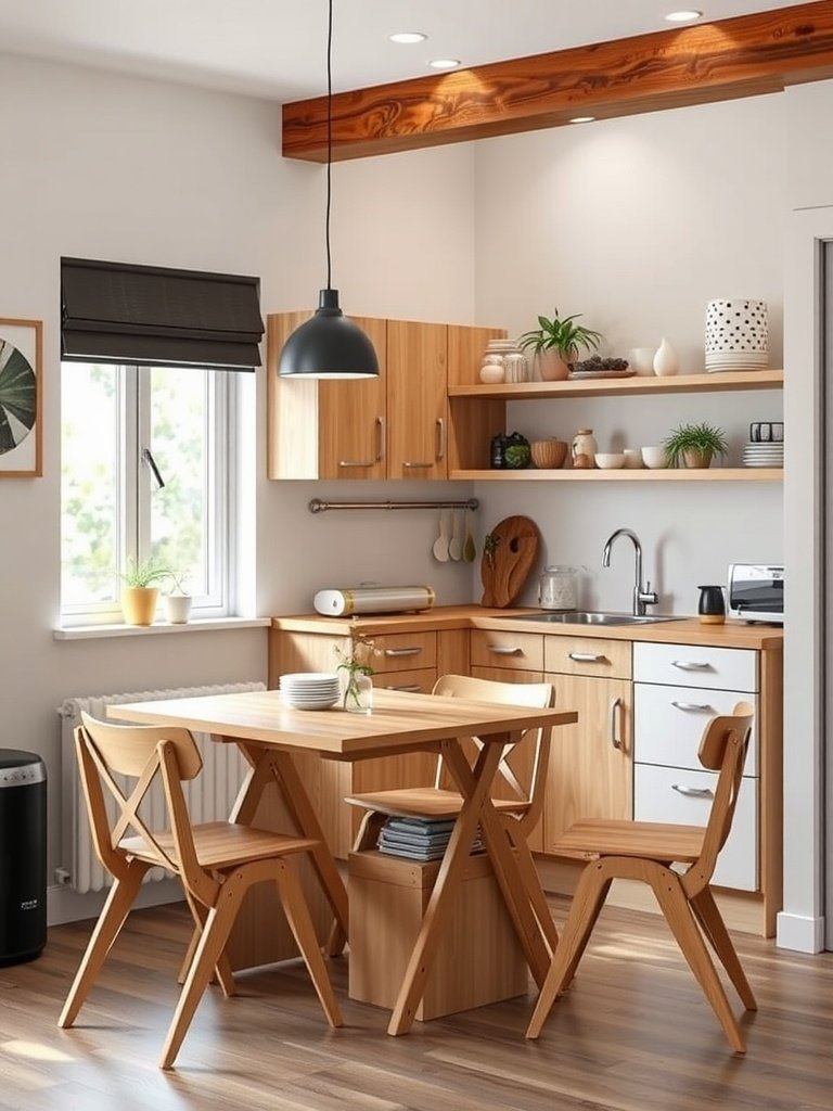 A small kitchen featuring multi-functional furniture including a foldable table and stackable chairs.