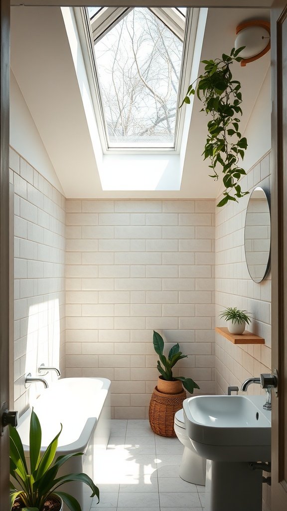 Bright, cozy bathroom featuring a skylight, plants, and modern fixtures.