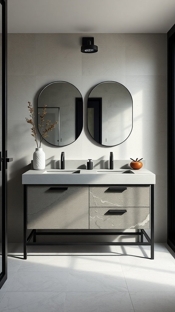 An industrial bathroom vanity featuring a concrete countertop and metal base, with minimalistic decor.