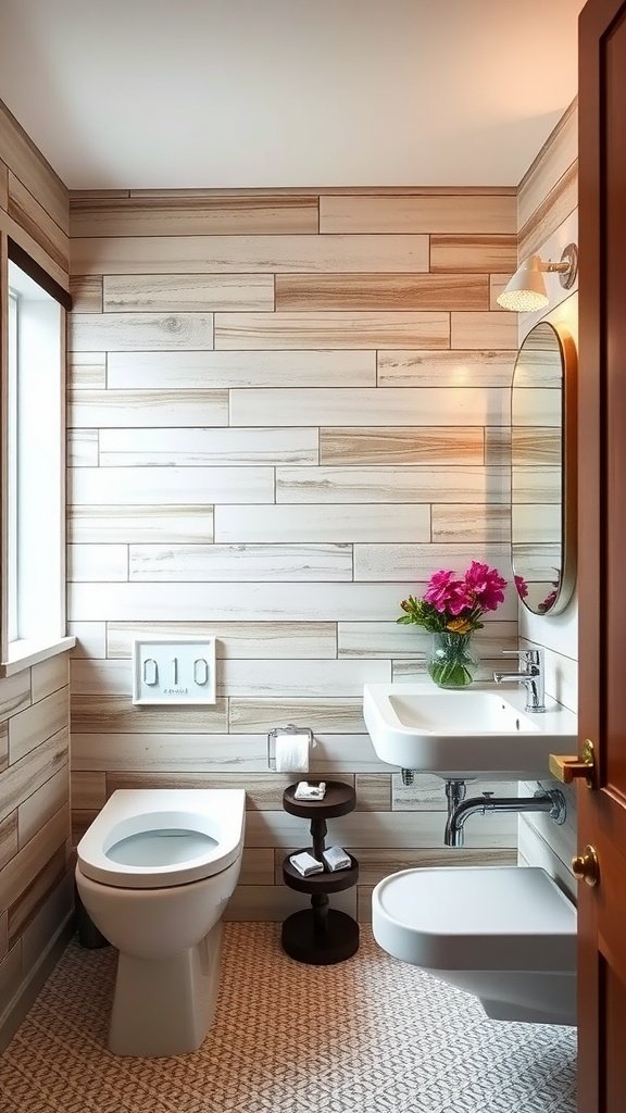 A stylish bathroom with shiplap feature wall, modern fixtures, and a touch of greenery.