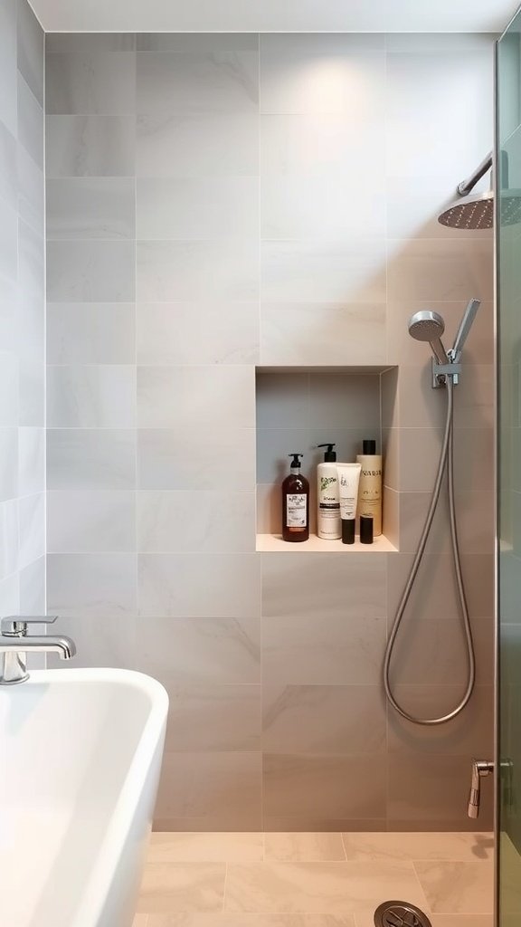 A modern shower with a recessed shelf holding various shower products.