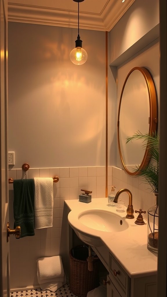 A stylish guest bathroom with a dimmable pendant light casting a warm glow.