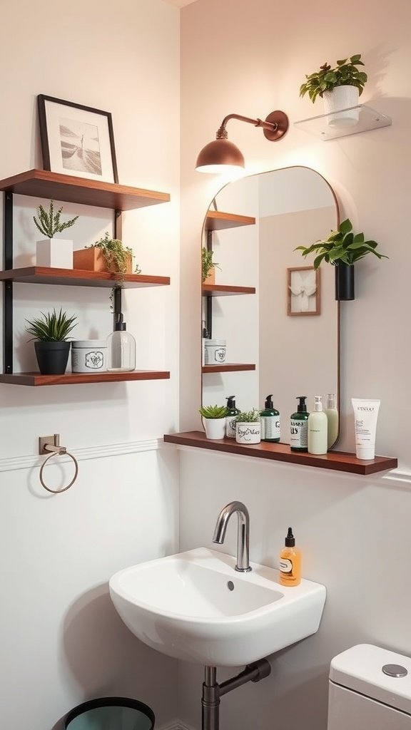 A stylish half bathroom featuring floating shelves with plants and toiletries.