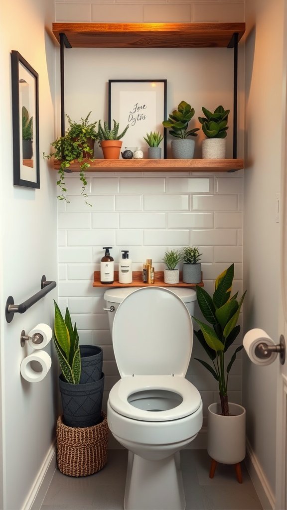 Cozy tiny bathroom with open shelving above the toilet, featuring plants and decorative items