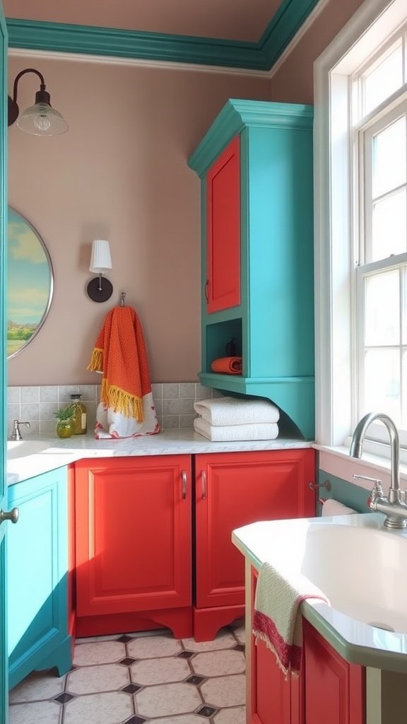 A stylish bathroom with teal painted cabinets, white countertops, and a red rug.