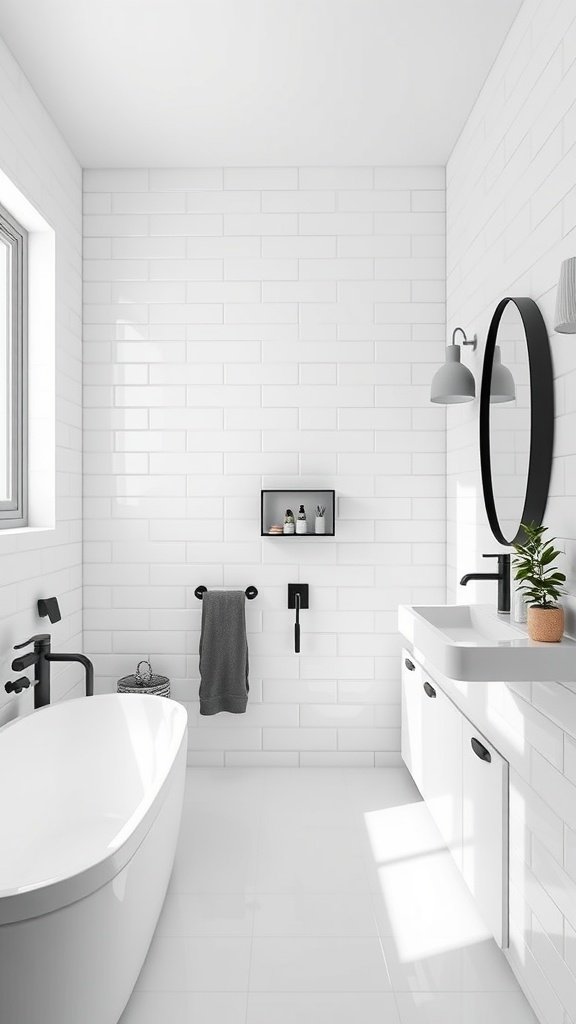 Modern monochrome bathroom with black and white tiles