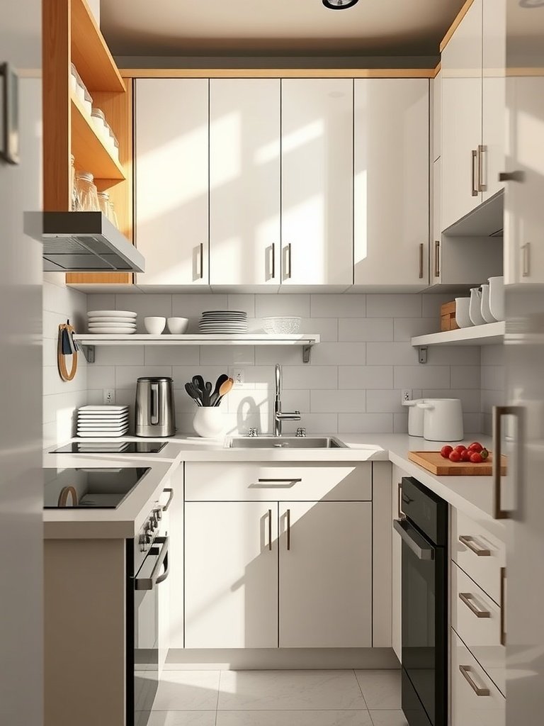 A bright small kitchen with white cabinets and open shelves containing plates and utensils.