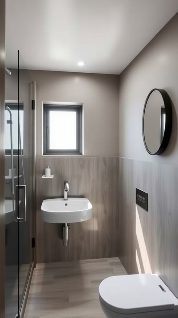 A minimalistic tiny bathroom featuring sleek floating fixtures.