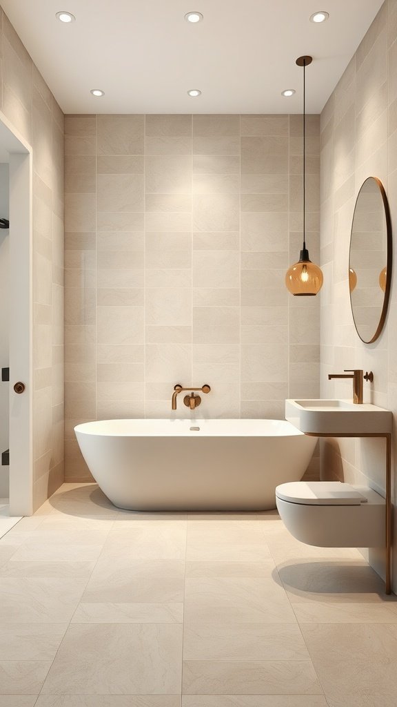 A modern bathroom featuring large format tiles in neutral tones.