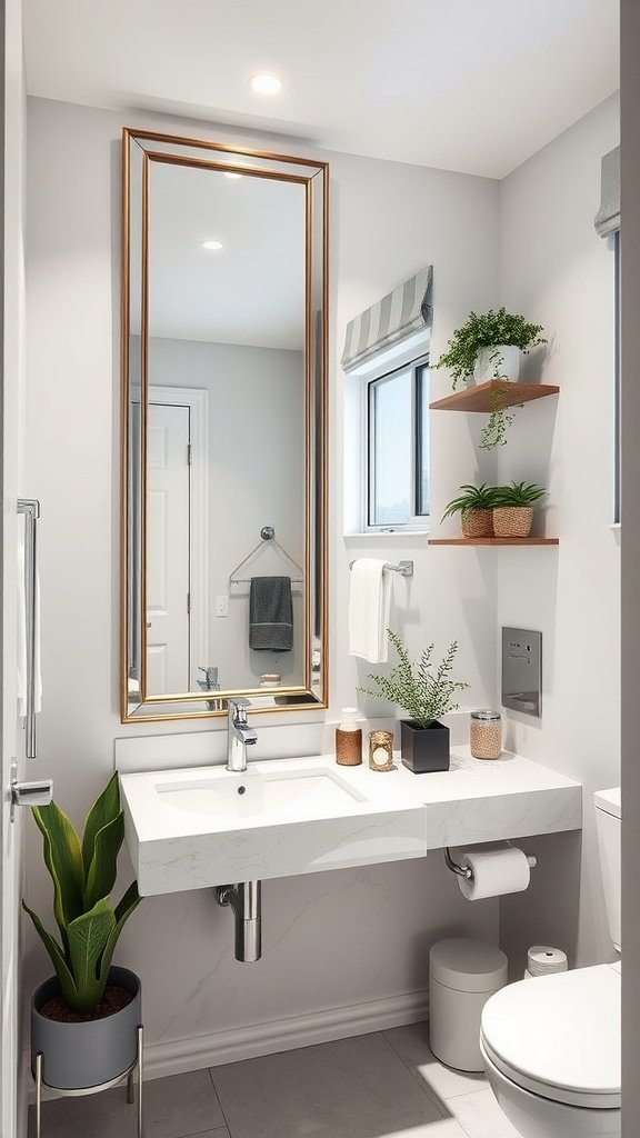 A modern bathroom with a large mirror above a sleek vanity, creating an illusion of space.