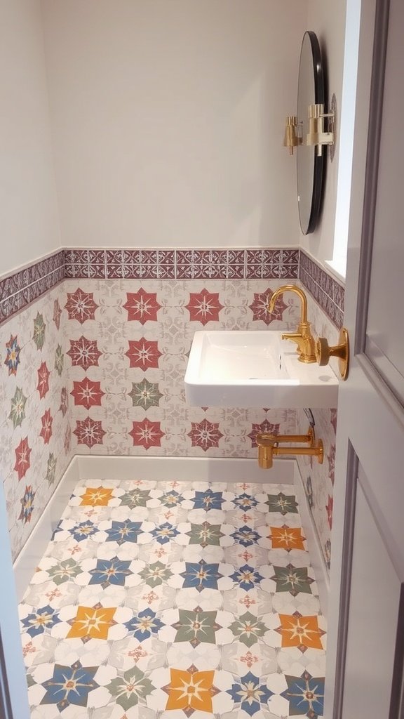 A stylish half bathroom featuring colorful patterned floor tiles.
