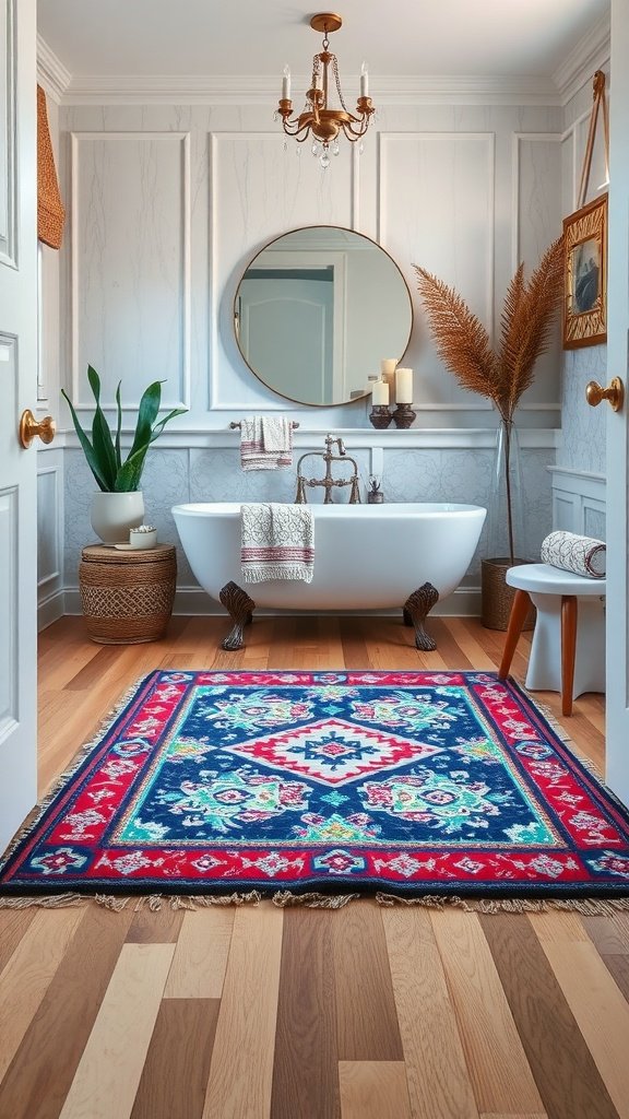 A beautifully decorated bathroom featuring a colorful rug, bathtub, and plants.