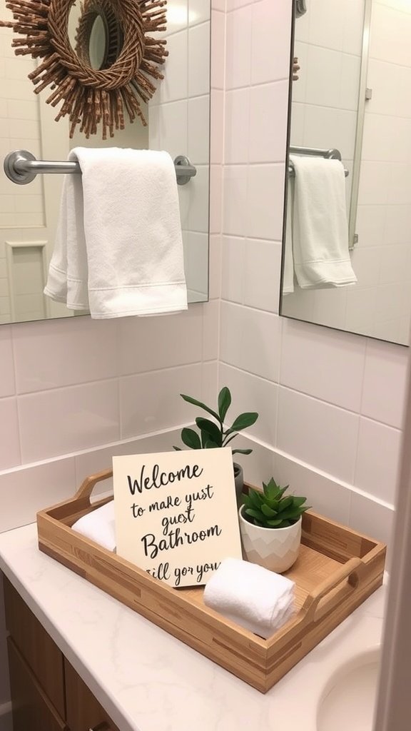 A cozy guest bathroom setup with a welcome note, towels, and a small plant.