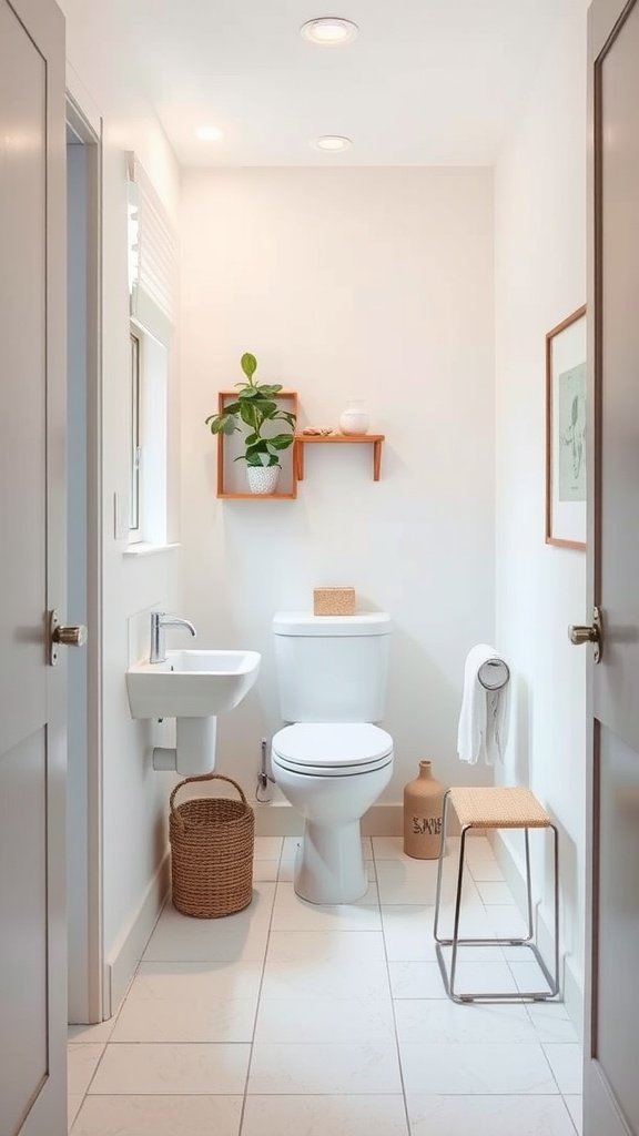A bright, small bathroom with light-colored walls, a small sink, toilet, and decorative plant.