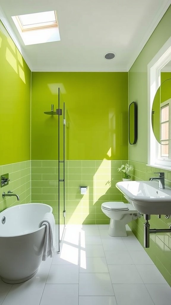 Bright lime green tiled bathroom with a bathtub and sink