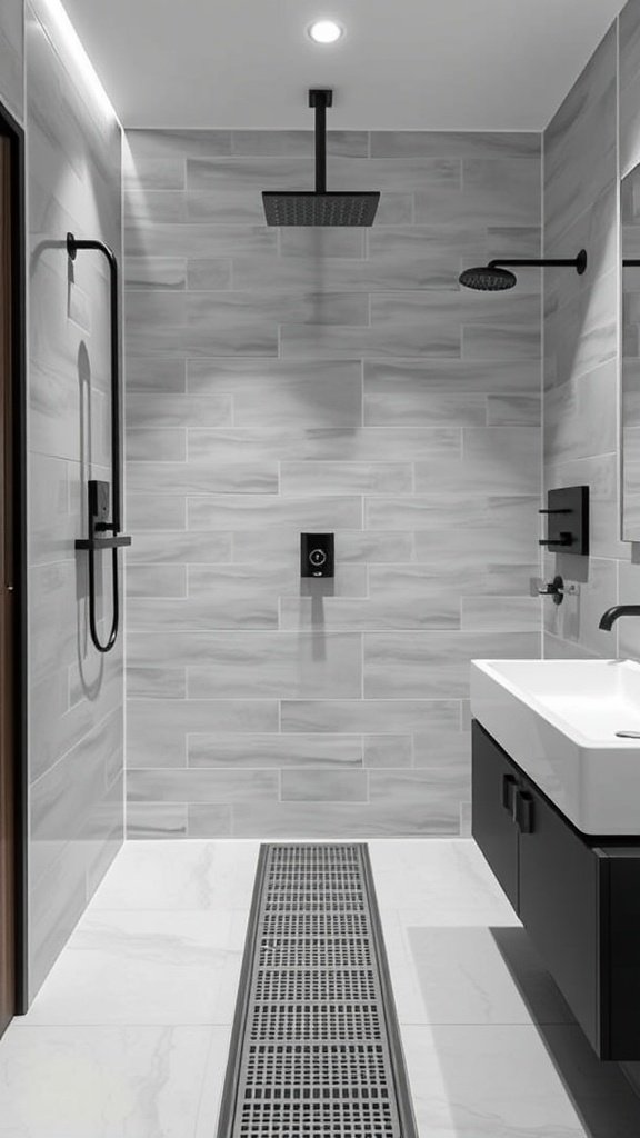 Stylish modern shower with linear drain and minimalist design.