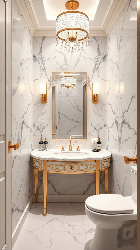 Elegant powder room with marble walls and golden accents, featuring a chandelier.