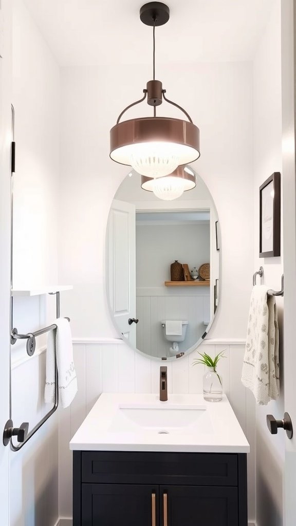 Chic half bathroom with a designer light fixture and modern decor.
