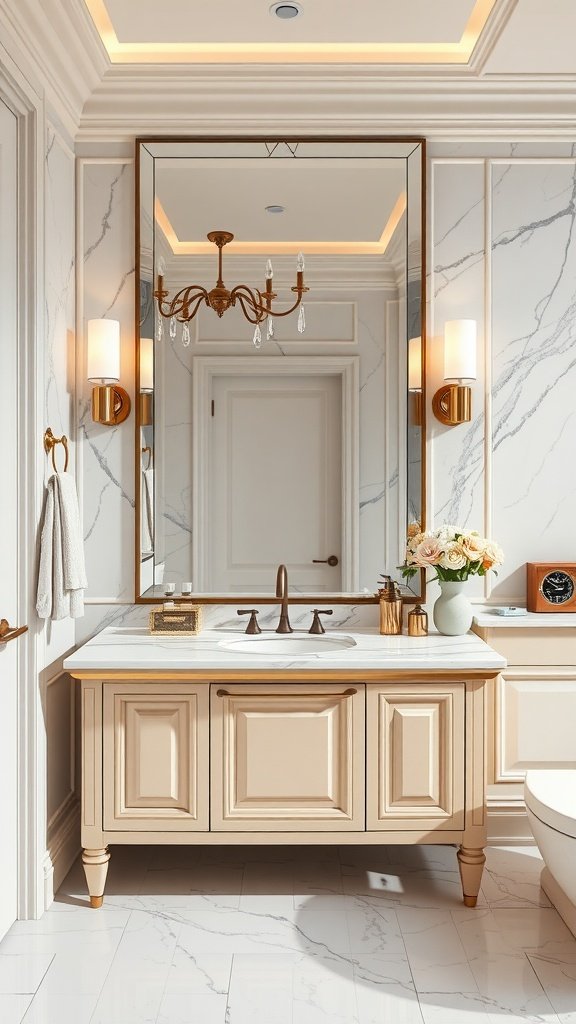 A stylish bathroom with a marble-top vanity, elegant lighting, and decorative elements.