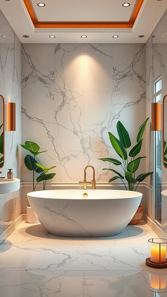 A modern bathroom featuring elegant marble tiles, a freestanding tub, and plants for a spa-like ambiance.