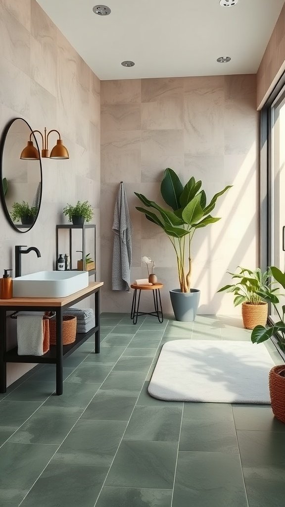 A stylish bathroom featuring matte moss green floor tiles with a natural aesthetic.