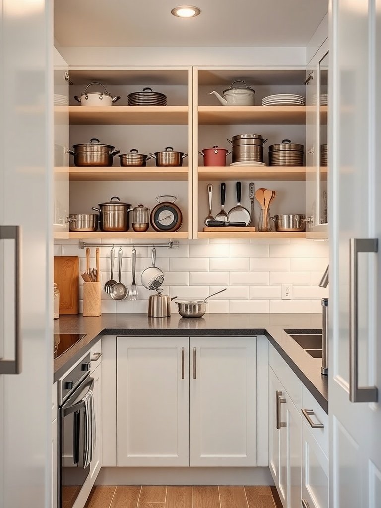 A compact kitchen with smart cabinetry and organized shelves.