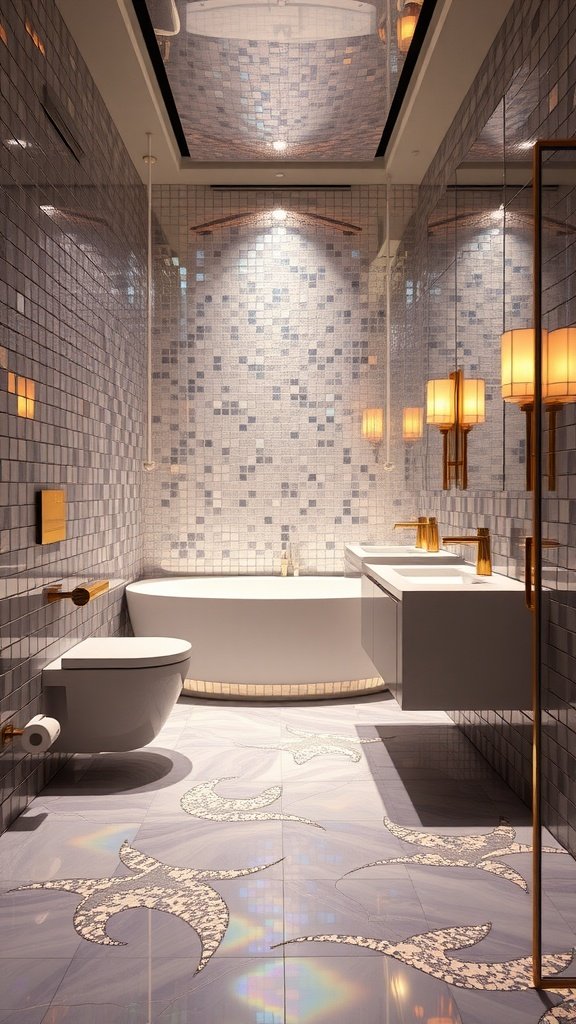 A stylish bathroom featuring metallic tiles, a freestanding tub, and elegant lighting.