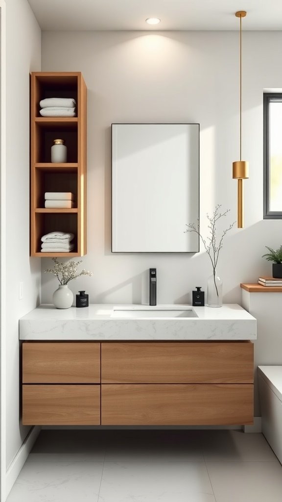 A modern bathroom vanity featuring open shelving with neatly arranged towels and decor.