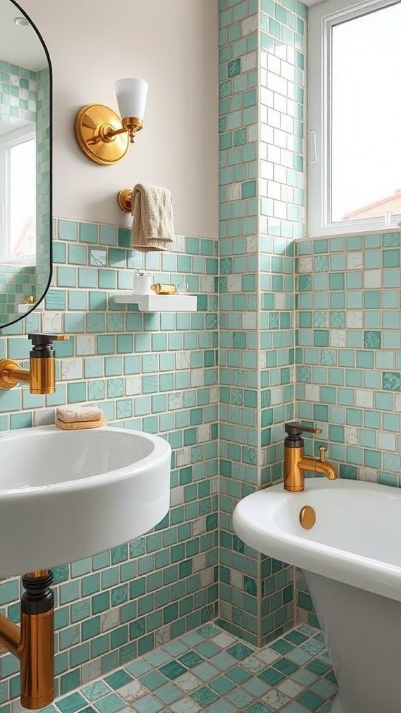 A bathroom featuring mint green mosaic tiles on the walls, a white bathtub, and a potted plant.