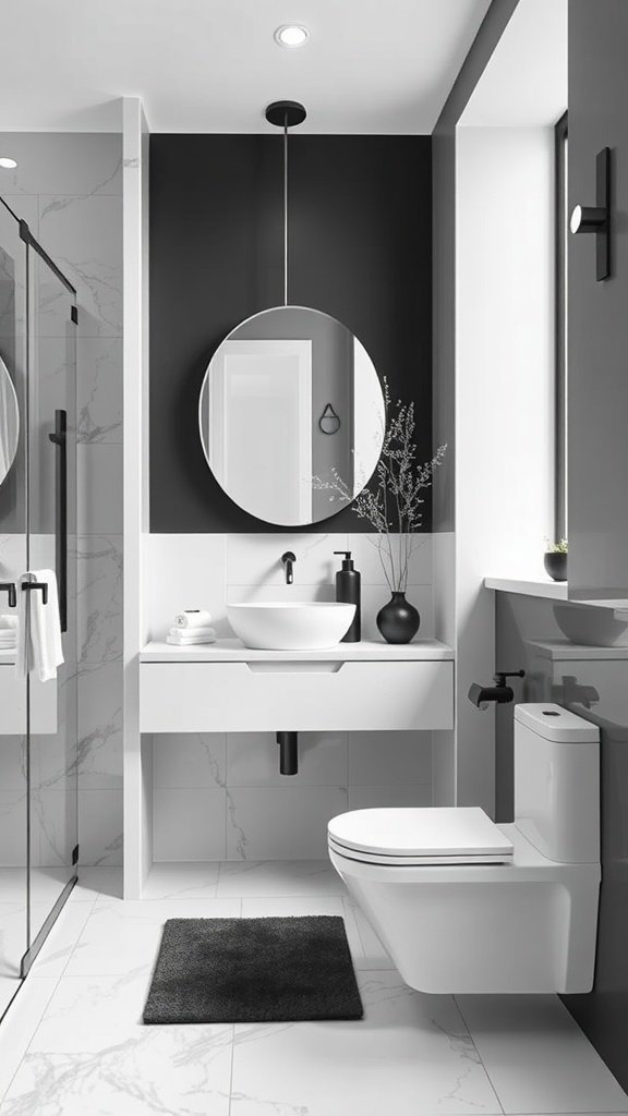A modern bathroom featuring a monochrome color palette with dark walls, white fixtures, and stylish decor.