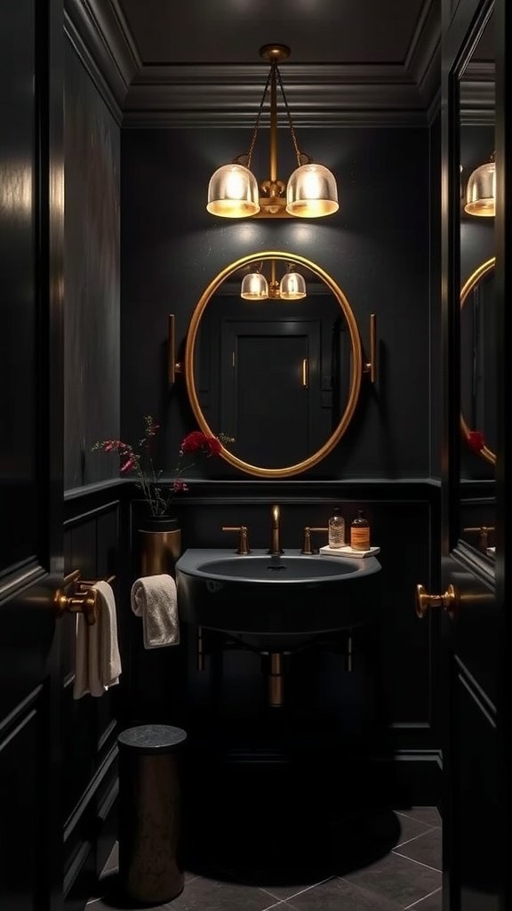 A dark and elegant powder room featuring black walls, gold fixtures, and stylish decor.